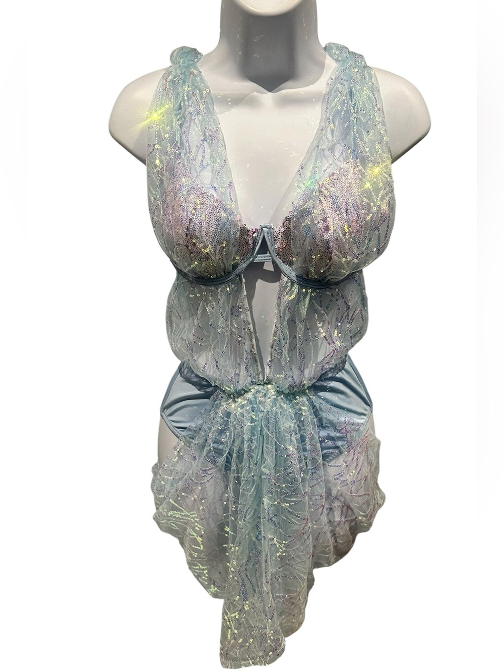 Fairy Mermaid Adult Costume Halloween Cosplay Blue Shimmery Sequin Bodysuit XS/S